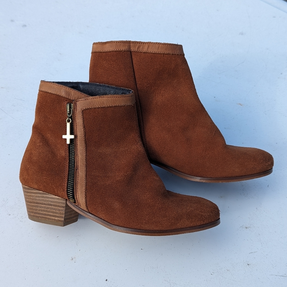 Miista | Boots Suede Side Zip Bootie Low Heel 38|7.5 Cognac Camel Made in Spain